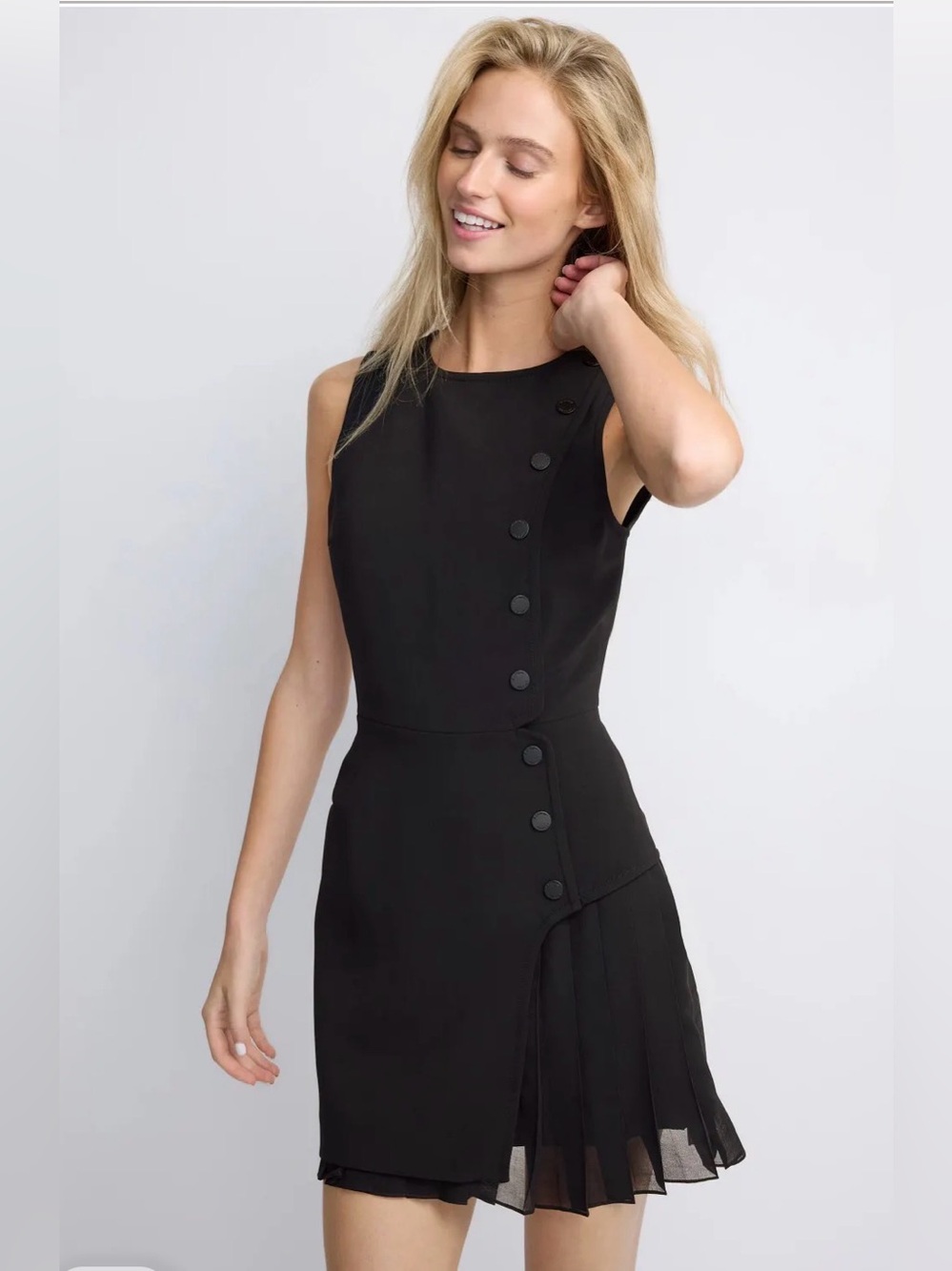 Claudie Pierlot Renata Pleated Mini Dress - Black Asymmetric Button-Down Shift